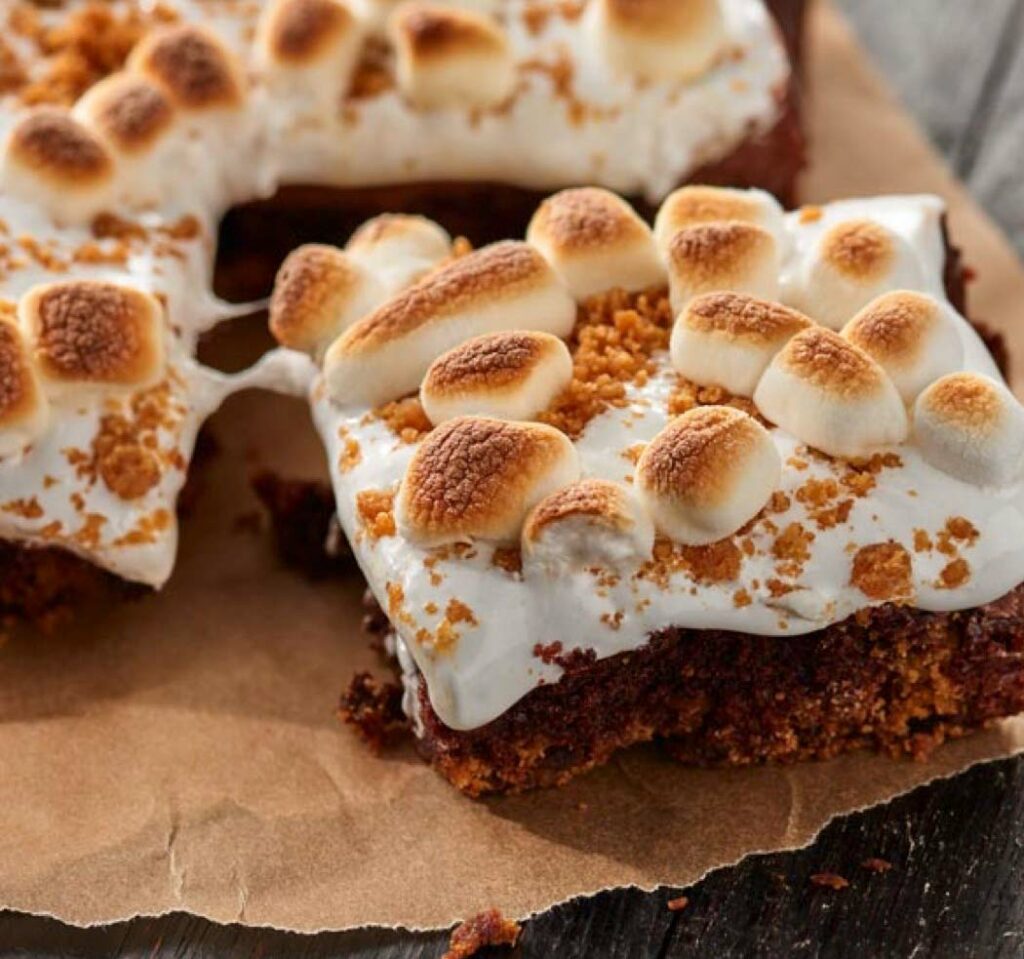 A chocolatey cake base layer with a melted and toasted marshmallow topping. 