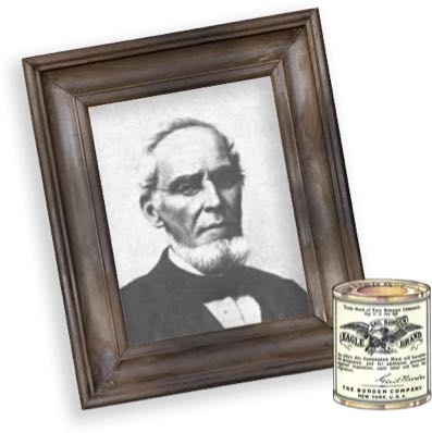 Framed portrait of Gail Borden and a can of Borden’s Condensed Milk from 1856. 