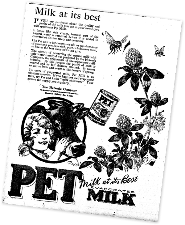 Black and white advertisement for PET milk from 1885. 