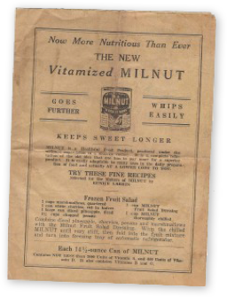 Old-time advertisement, including recipes, for Milnut evaporated milk from 1912. 