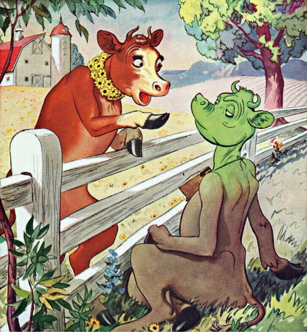 Colorful cartoonish advertisement debuting Elsie the Borden Cow talking to a sickly (greenish) looking cow across a fence from 1939. 