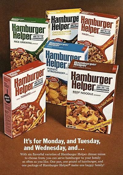 Photo advertisement of several boxes of Hamburger Helper, that can be served any night for dinner, when it debuted in 1971. 